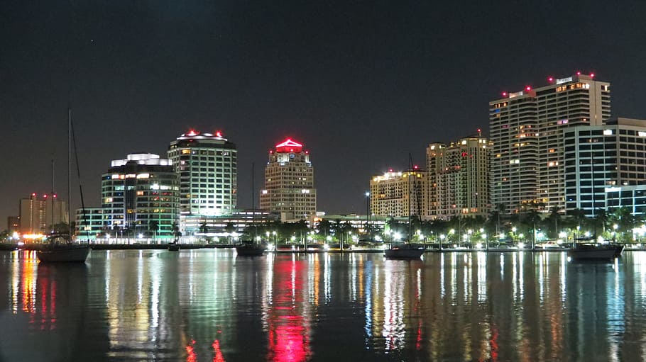 Miami, Florida, Night Life, Landscape, miami, florida, city lights, ocean, water, travel, city