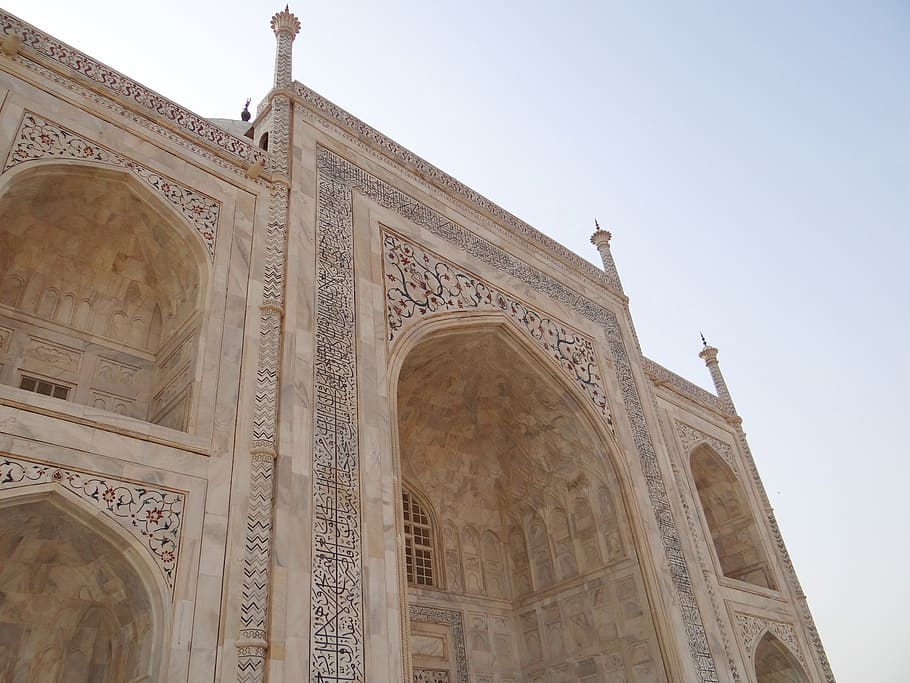 taj mahal, cross-section, arches, white marble, engraving, calligraphy, agra, india, architecture, low angle view