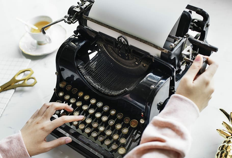 woman, holding, black, typewriter, technology, machine, equipment, business, aerial, analog