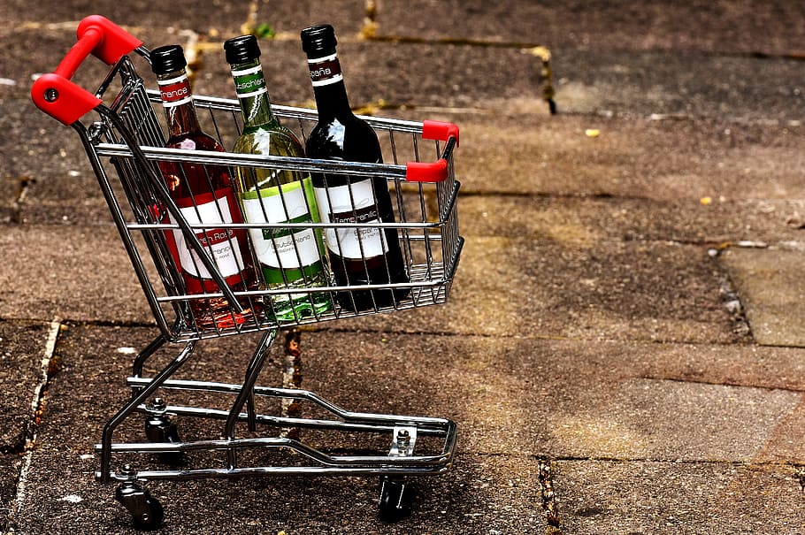 three, labeled, bottles, street, Shopping Cart, Wine Bottles, shopping, sale, business, purchasing