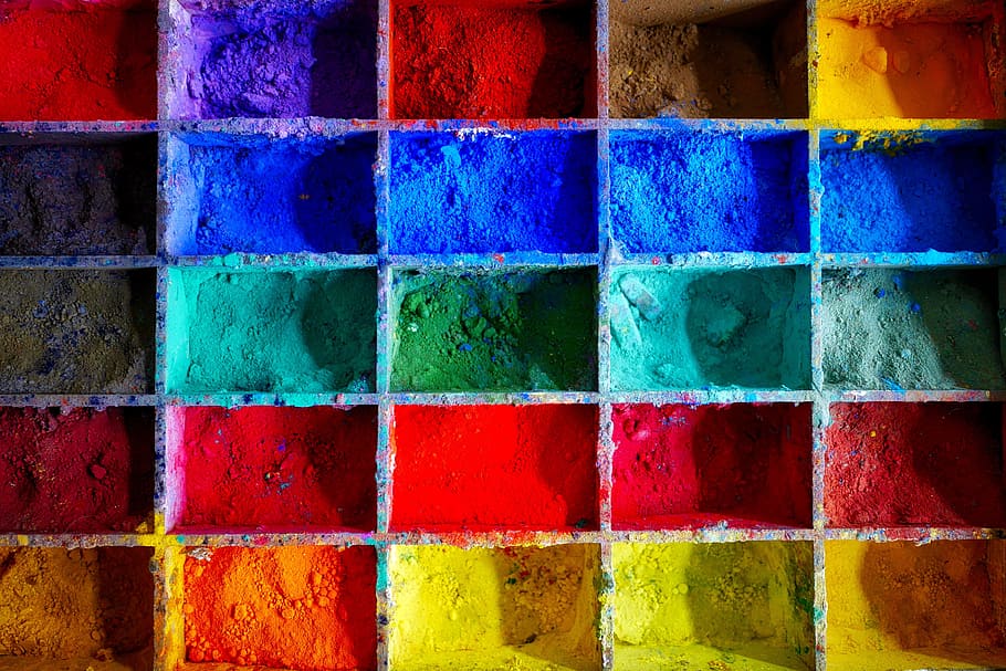 close-up photo, assorted-color powders, wooden, rack, farbpulver, color, pigments, oil paint, colorful, paint boxes