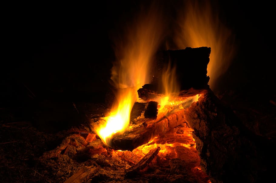 api, api unggun, kayu, lubang, bakar, panas, terbakar, luar, kamp, ​​malam
