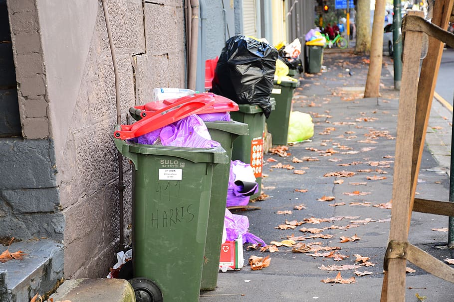 urban trash, city garbage, sidewalk garbage, garbage bin, garbage, recycling bin, recycling, day, garbage can, plastic