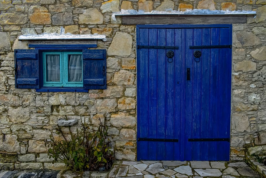old house, door, blue, architecture, traditional, building, façade, village, lofou, cyprus