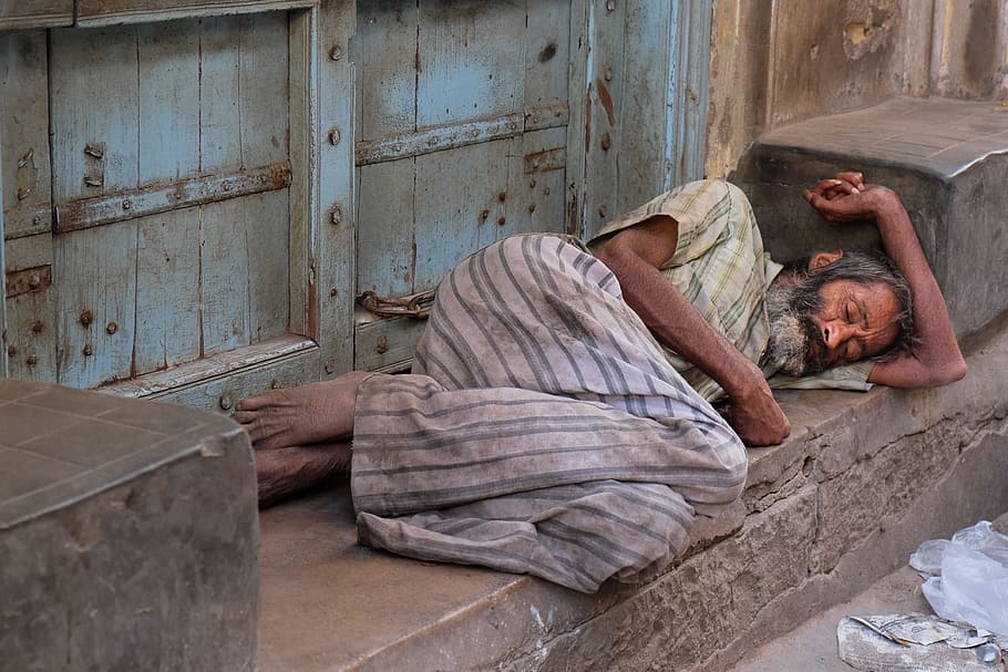 man, sleeping, closed, door, india, misery, poverty, road, relaxation, real people