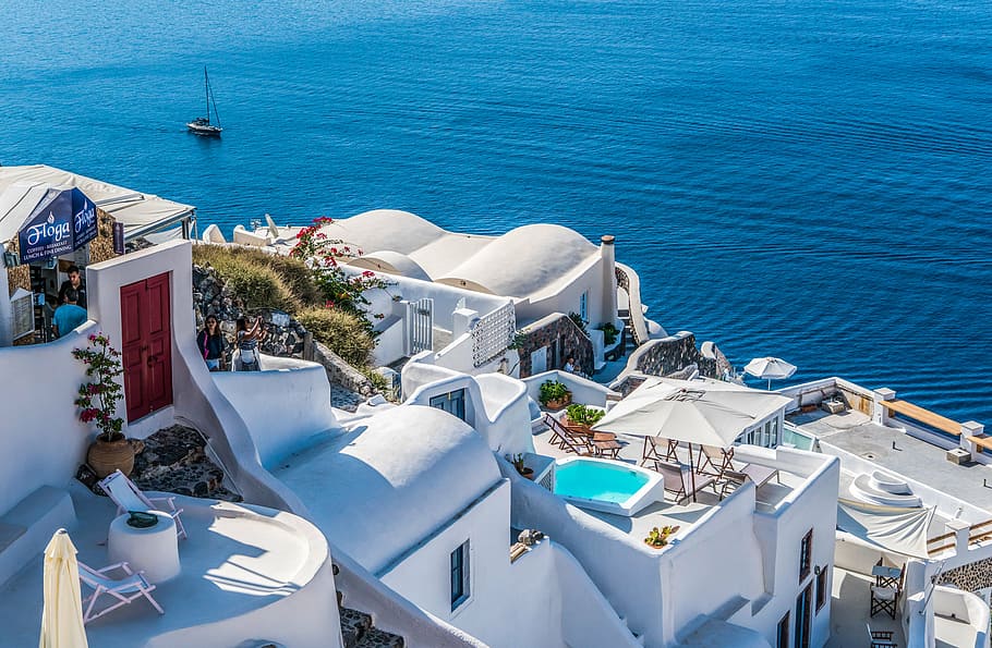 top, view photography, house, body, water, daytime, santorini, oia, greece, travel