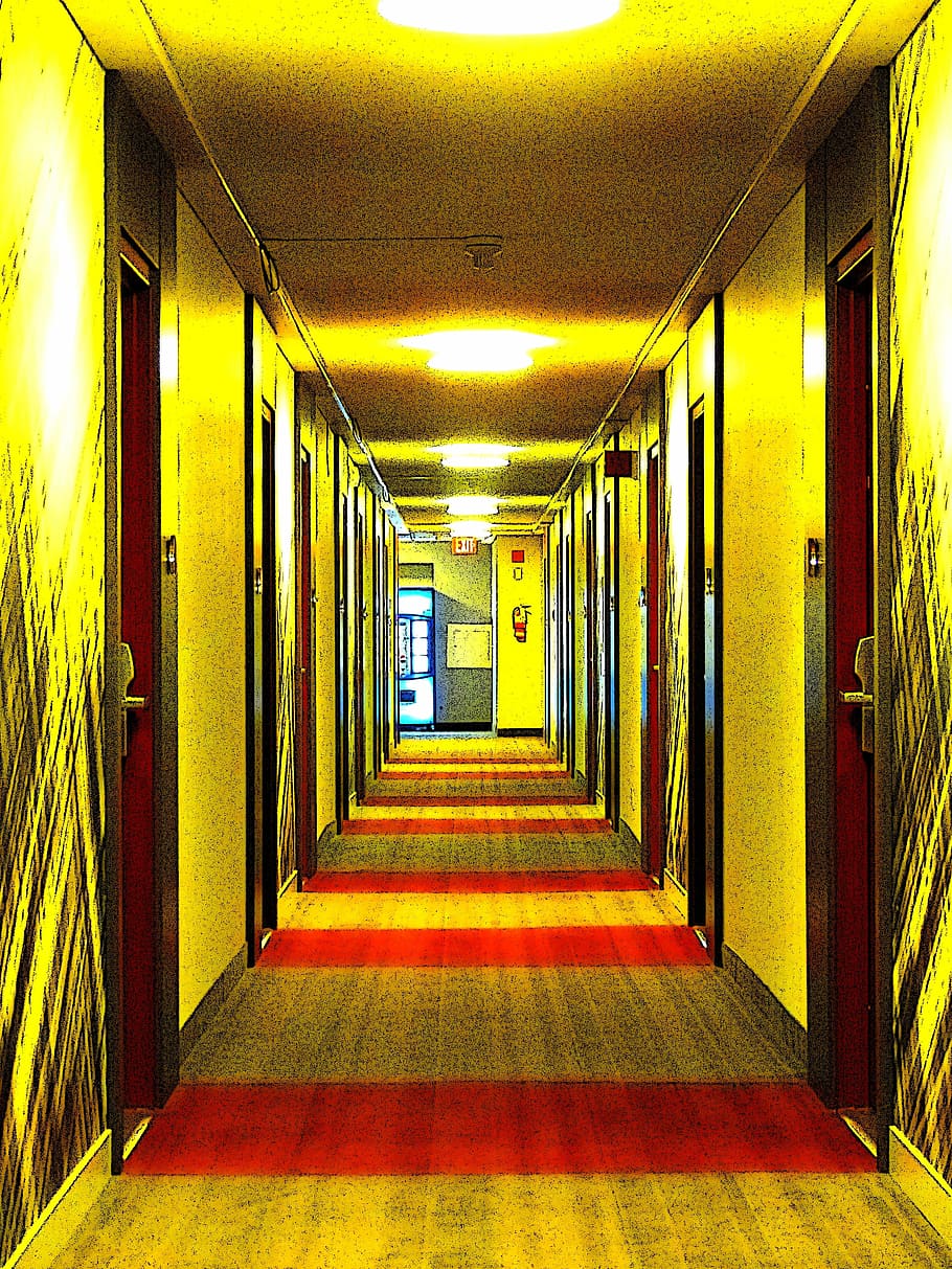 hallway, lightened, hotel, comic, building, architecture, interior, design, concept, city