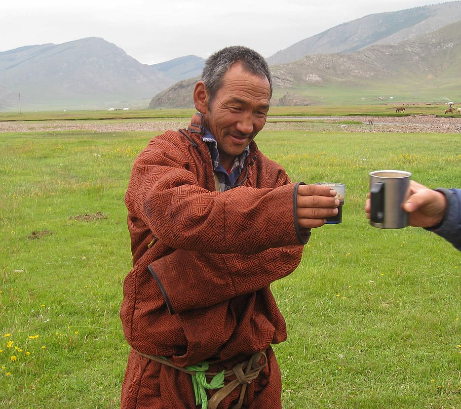 mongolia, steppe, shepherds, coffee, friendship, one person, mountain, adult, landscape, real people