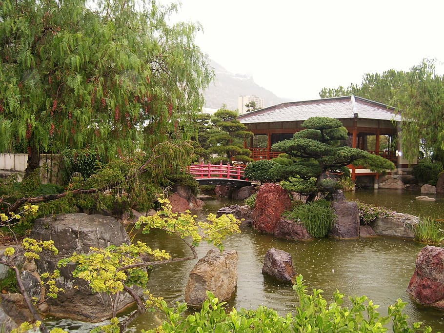 garden, japanese, japanese garden, monaco, pagoda, lake, zen, red bridge, tree, water