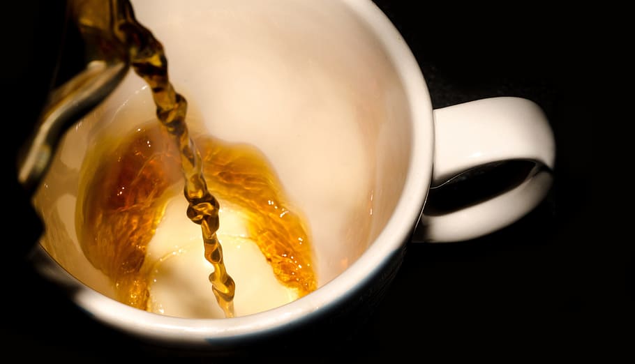 yellow, liquid, pour, white, ceramic, mug, coffee, cup, pouring, cup of coffee