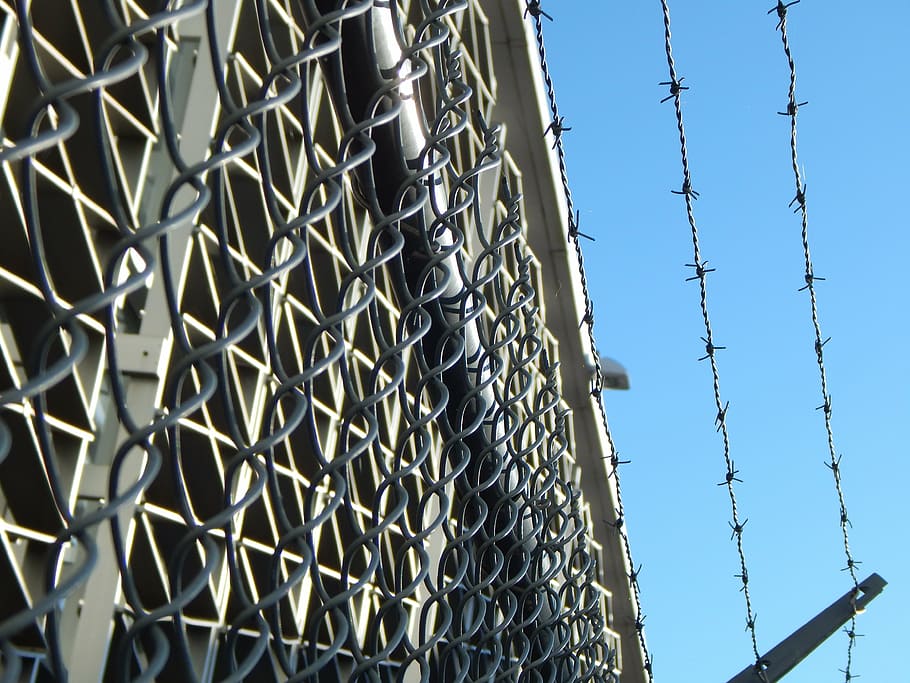 close, chain-link fence, prison, jail, barbed, wire, barbwire, metal, lockup, cage
