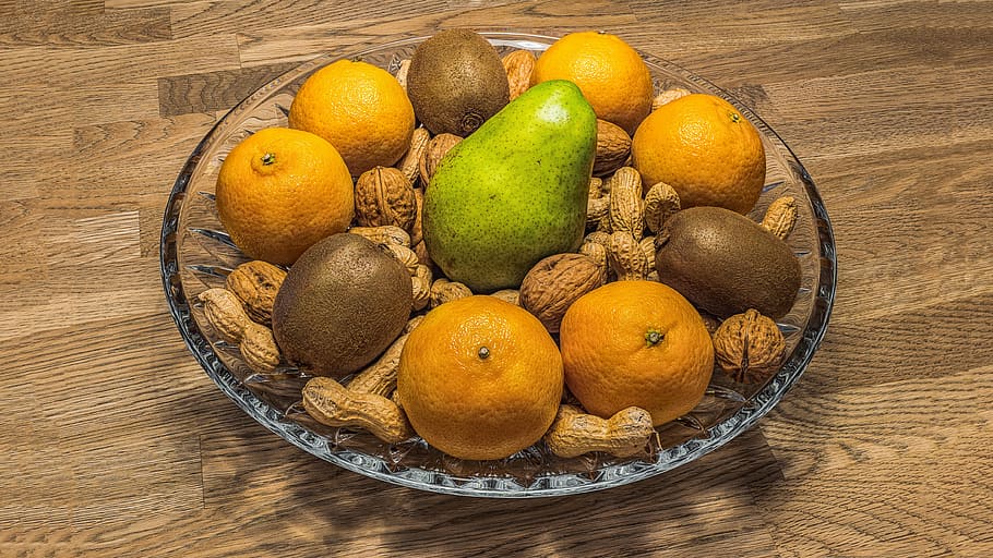 assorted, fruit, glass bowl, fruit bowl, nuts, fruits, healthy, nutrition, food, still life