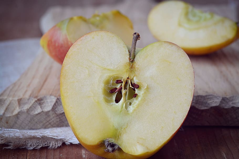 apple, bio apple, cut, cut in half, halved apples, cutting board, wooden board, food, healthy, fruit