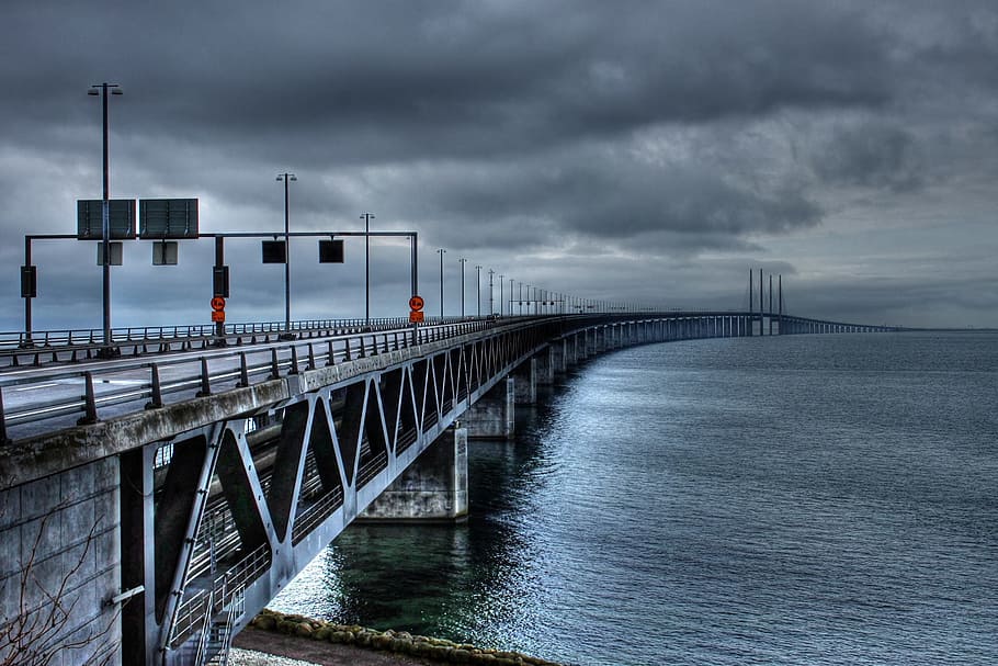 gray concrete bridge, the öresund bridge, bro, malmö, swedish, sweden, railway, way, double track, peberholm island