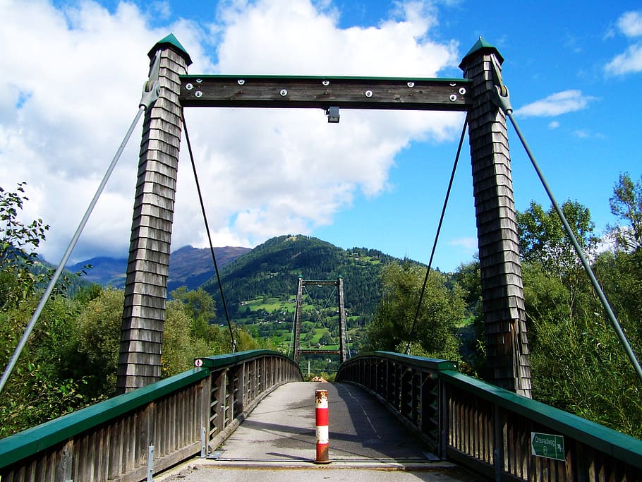 bridge over the drava, shingled bridge, buildup, mountains, vista, panorama, landscape, sky, cloud - sky, one person