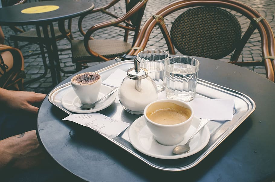white, ceramic, teacup, gray, steel tray, coffee shop, espresso, coffee, cafe, bar
