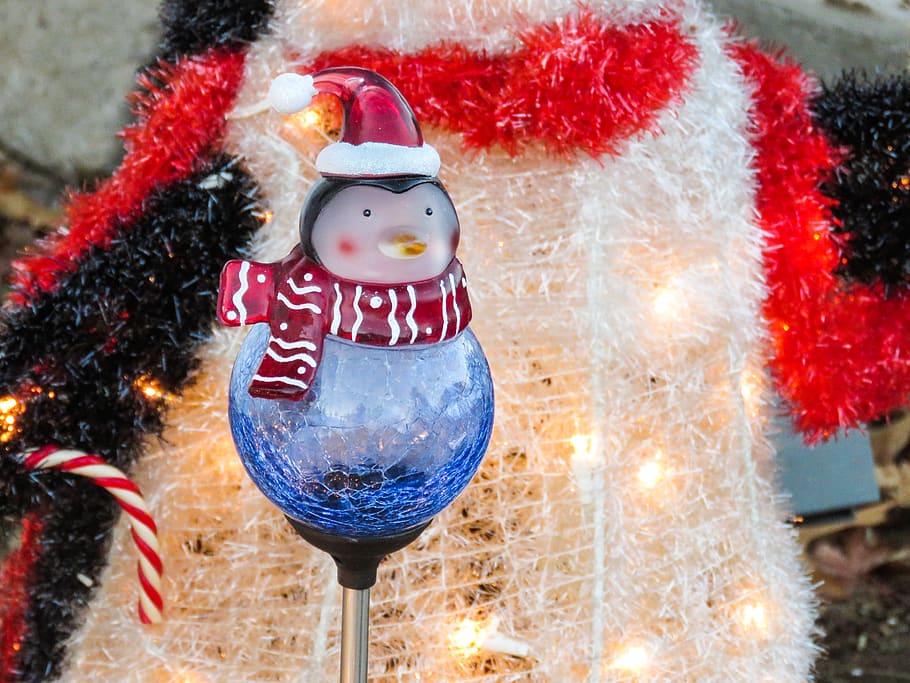 winter, christmas, decorations, lights, penguin, hat, scarf, celebration, holiday, christmas decoration
