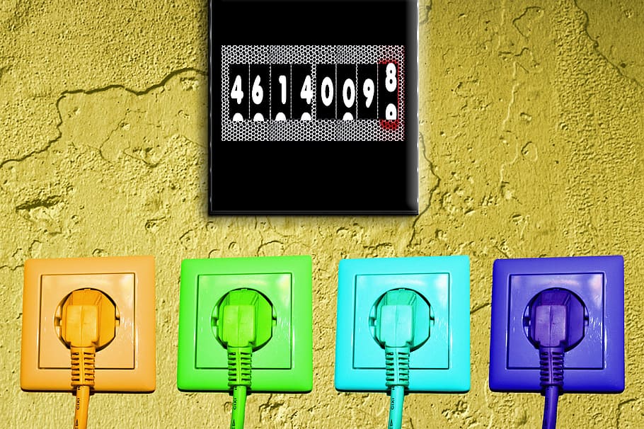 four, assorted-color power plugs, socket, plug, current, meter box, energy, design, efficiency, saving
