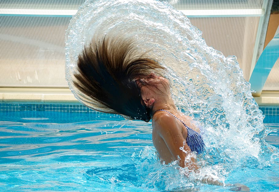swimming pool, drops of water, black hair, swim, water jet, water, pool, one person, motion, hair