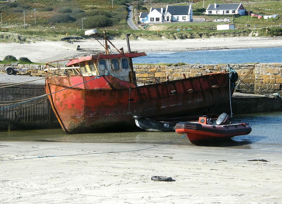 boat, rusty, old, low tide, ireland, marine, nautical, vessel, abandoned, broken