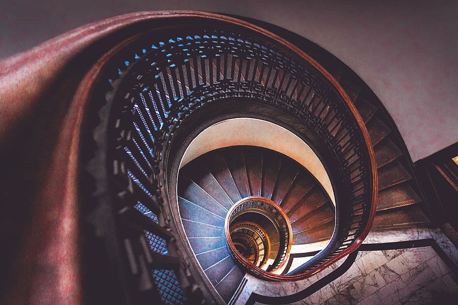 brown, spiral staircase, stairs, spiral, staircase, stairwell, stairway, coil, structure, helix