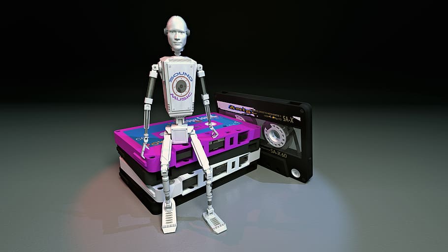 droide, robot, k7, fondos de pantalla, 3d, fondo, escritorio, telón de fondo, sentado, música