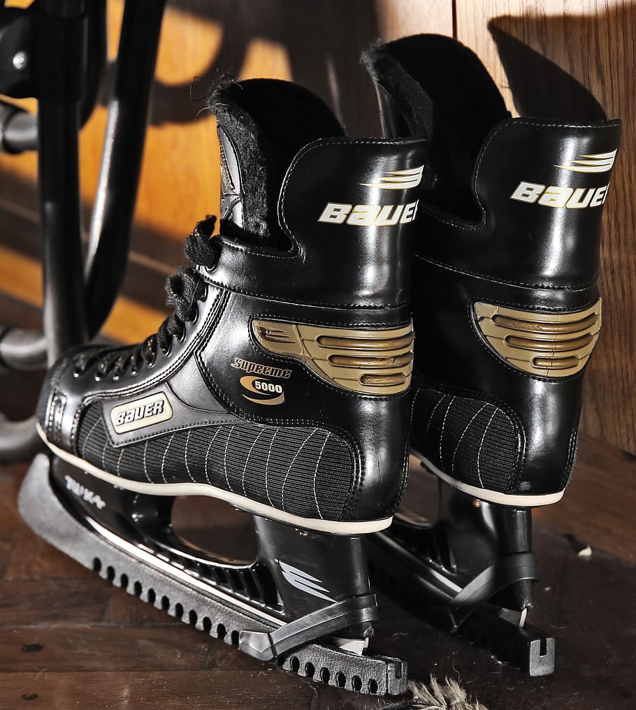 pair, black, bauer ice hockey skates, brown, wooden, surface, skates, ice hockey, winter, sports