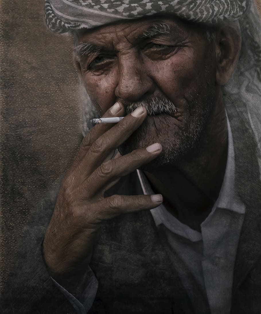 man, old, elderly, smoker, portrait, smoking, cigarette, people, street, person