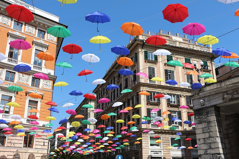 umbrellas, city, palaces, road, colors, architecture, building exterior, built structure, multi colored, building