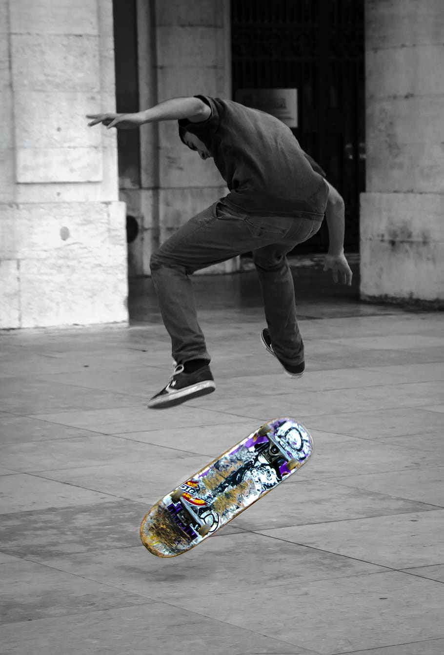 skateboard, skater, sports, pavement, guy, man, people, jump, tricks, one person