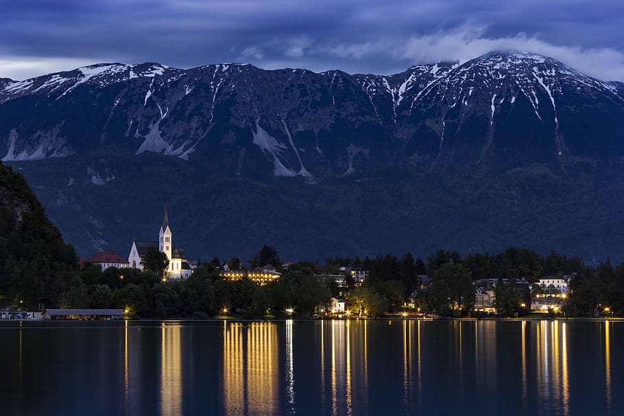 buildings, mountain, bled, slovenia, landscape, night, lights, pond, architecture, water