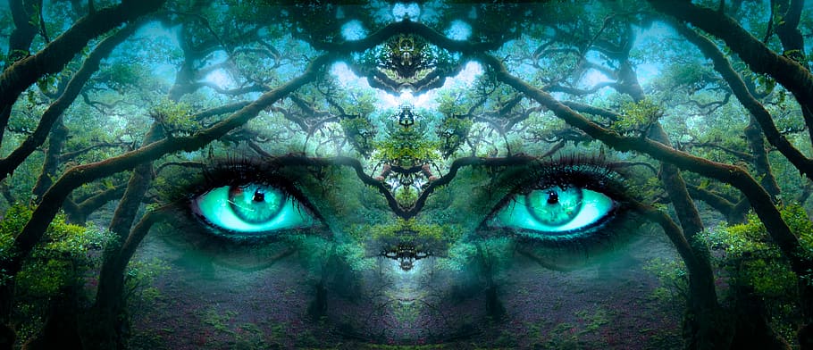 nature eye portrait painting, fantasy, eyes, forest, aesthetic, face, portrait, mystical, mysterious, surreal