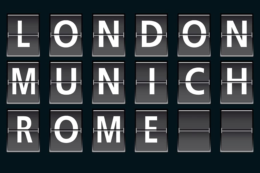 london munich roma teks, London, Munich, Roma, teks, bandara, papan skor, keberangkatan, kedatangan, informasi