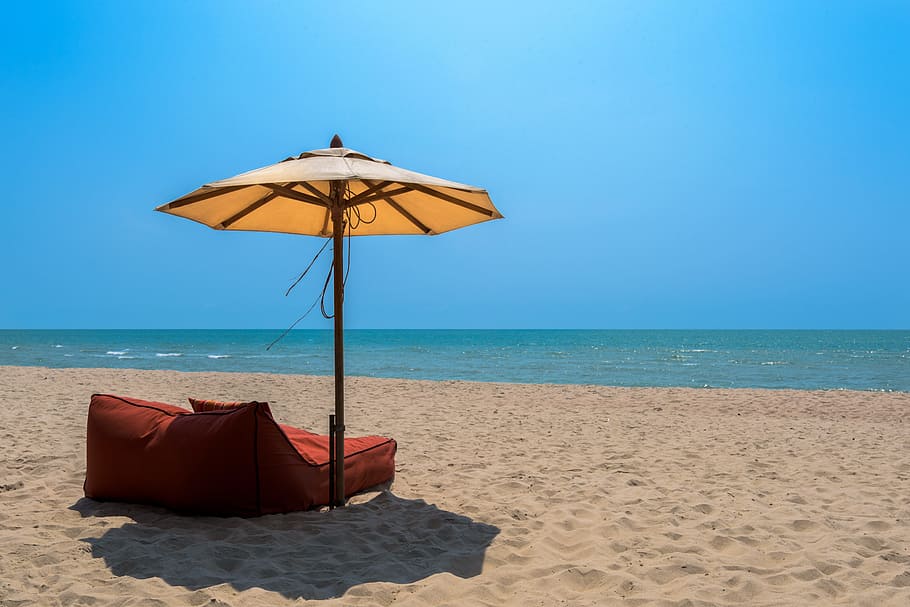 umbrella, lounge chair, beach, thailand, sand, sun, water, relaxation, shore, tropical beach