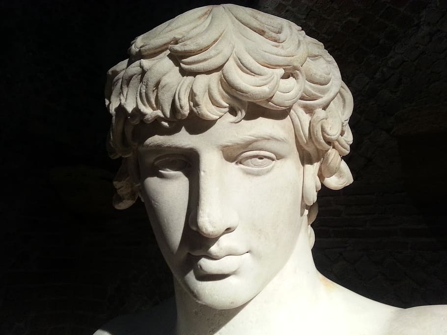 close-up photo, white, man statue, antic, statue, face, marble, rome, art, boy