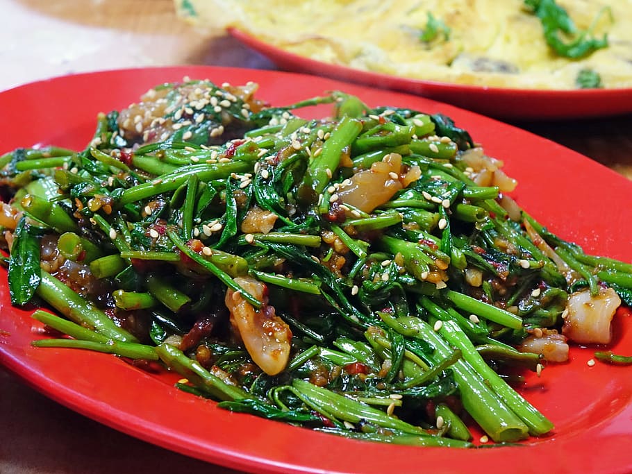 green vegetable, water spinach, kangkong, sambal chilli, vegetable, stir-fried, spicy, green, chinese, restaurant