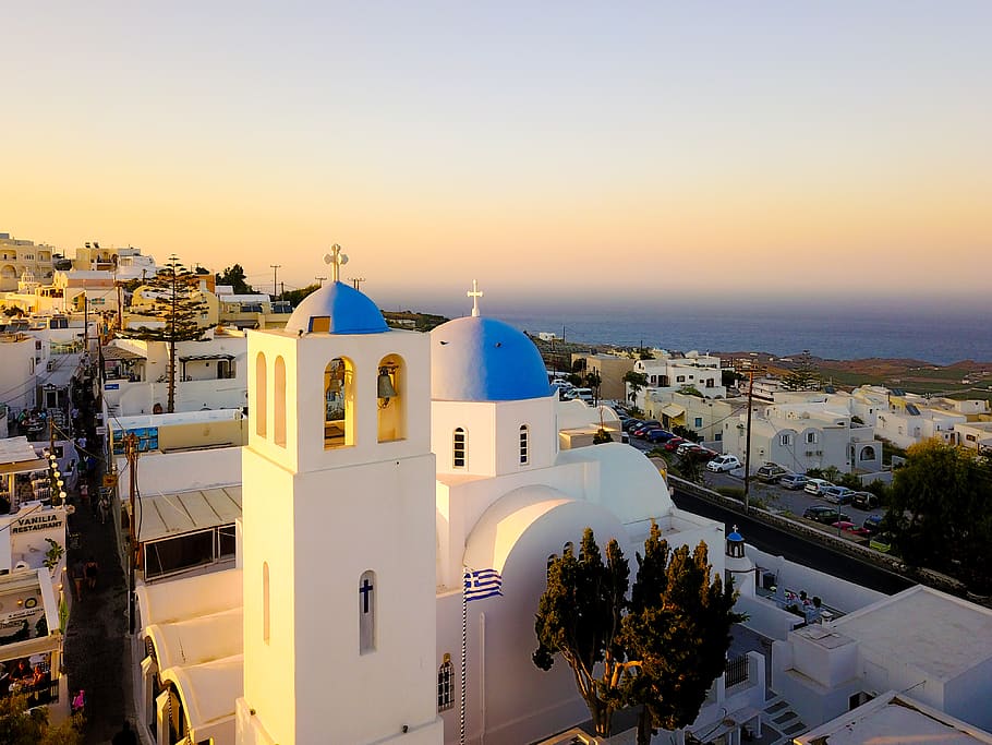 Santorini, gereja, menakjubkan, pemandangan, kota, musim panas, matahari terbenam, penuh warna, Yunani, eksterior bangunan