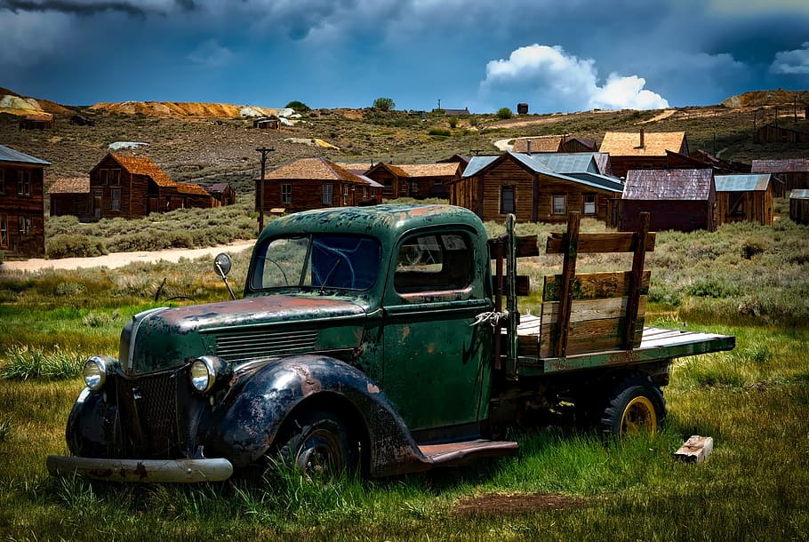 classic, green, pickup truck, grass field, distant, houses, bodie ghost town, california, landscape, historic