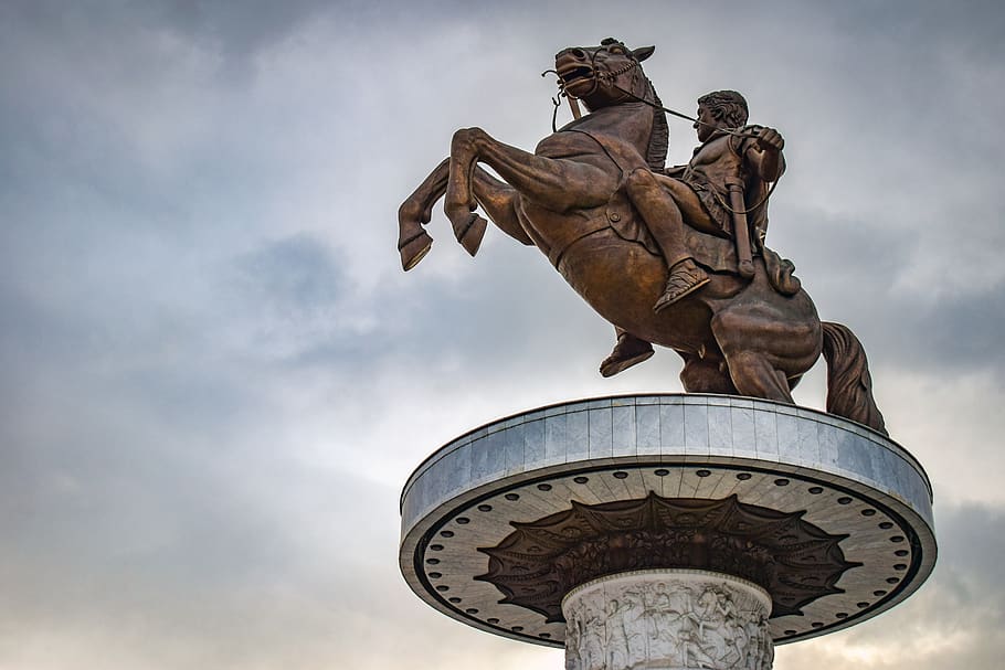skopje, north macedonia, warrior on a horse, statue, sculpture, cloud - sky, low angle view, sky, art and craft, representation