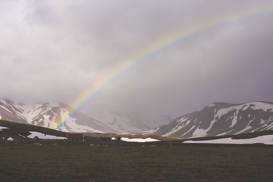rainbow, valley, mountains, highlands, snow, arctic, nordic, landscape, scenic, nature