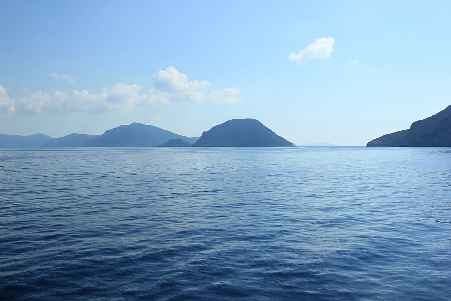 Sea, Mountains, Greece, Clouds, sky, blue sky, water, haze, scenics, tranquil scene