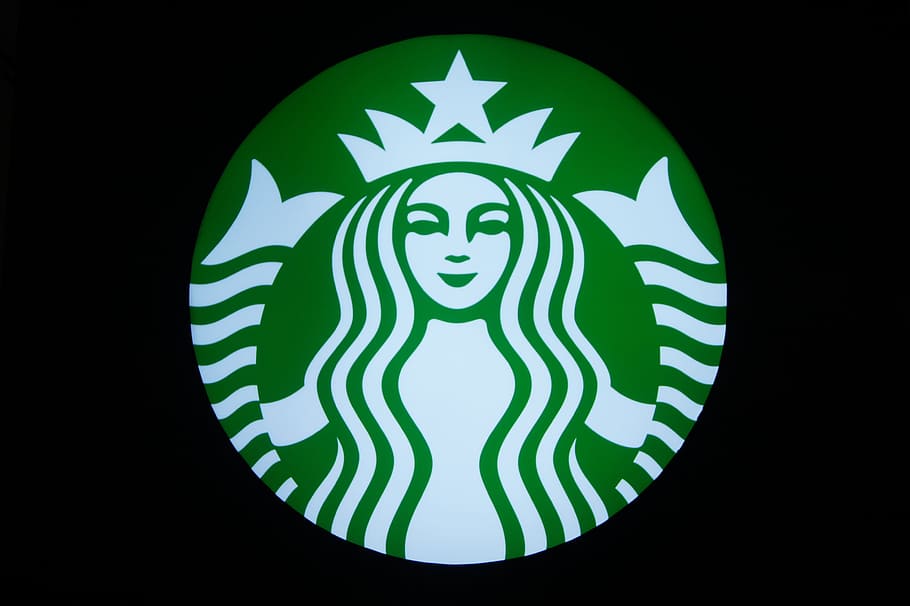 スターバックスのロゴ, スターバックス, コーヒーショップ, コーヒー, シンボルマーク, ネオン, 黒の背景, 緑の色, 人なし, スタジオ撮影
