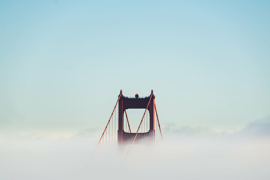 bridge top, fog, golden gate bridge, bay area, suspension bridge, infrastructure, clouds, in the clouds, above the clouds, reach
