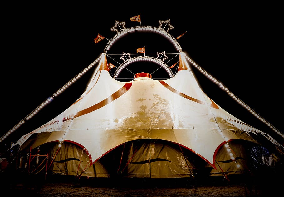 sirkus, tenda sirkus, tenda, seniman, badut, hiburan, karnaval, festival, menunjukkan, peristiwa