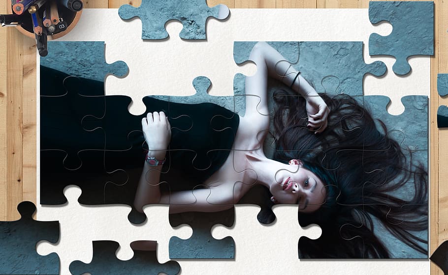 woman, wearing, black, dress-themed jigsaw puzzle, puzzle, beauty, imagination, office, tracks, processing