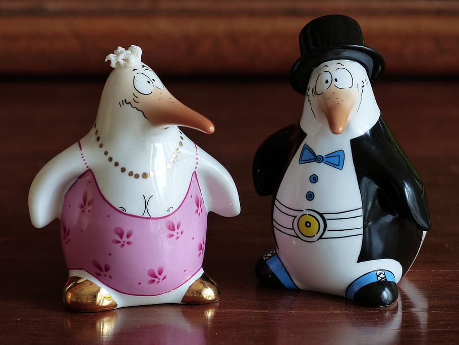 pingüino, novia, novio, figura, porcelana, sonido, pintado, colorido, agradable, decoración