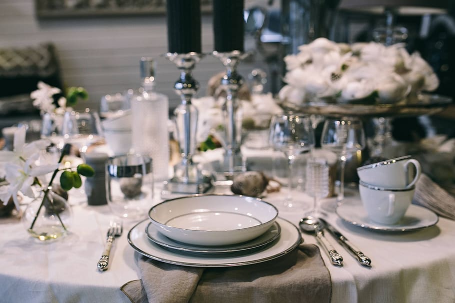 branco, mesa, jantar, restaurante, elegante, ovos, decoração, opulento, chique, codorna