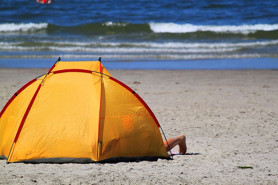 yellow, red, dome tent, placed, gray, sand seashore, Sea, Beach, Colorful, Water, Wave, sea