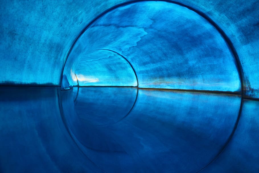 water slide, blue, swimming pool, slide, tunnel, light, backgrounds, indoors, close-up, water