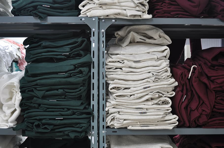 pile, folded, clothes, shelf, closet, increase, clothing factory, stock, industry, fashion